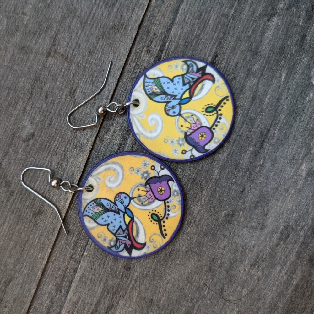 Dual Sided Hummingbird / Abstract Design Earrings